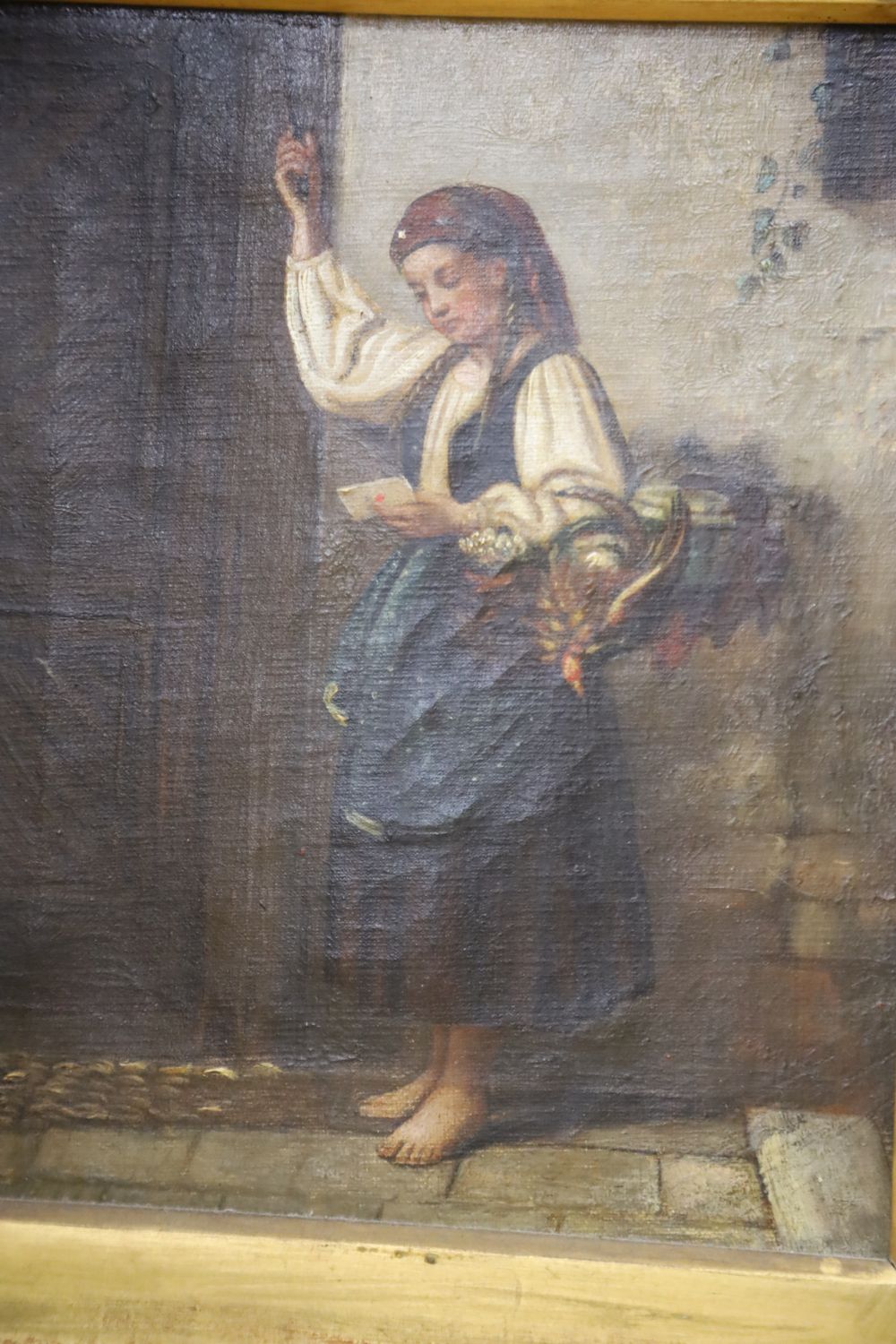 19th century Continental School, pair of oils on canvas, Returning soldier at a window and Girl at a doorway, 24 x 20cm